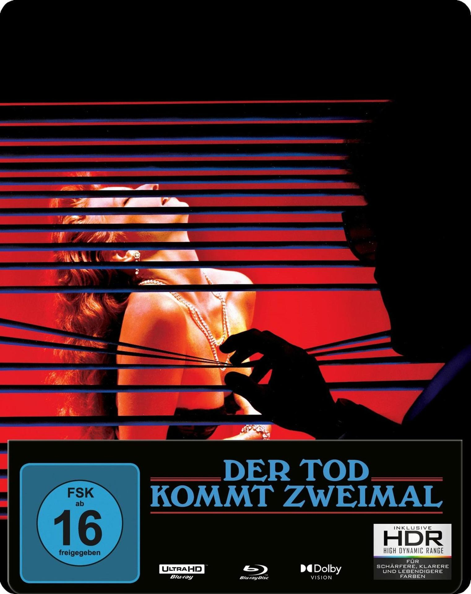 Filmplakat: Frau hinter Jalousien, roter Hintergrund, Titel auf Deutsch.