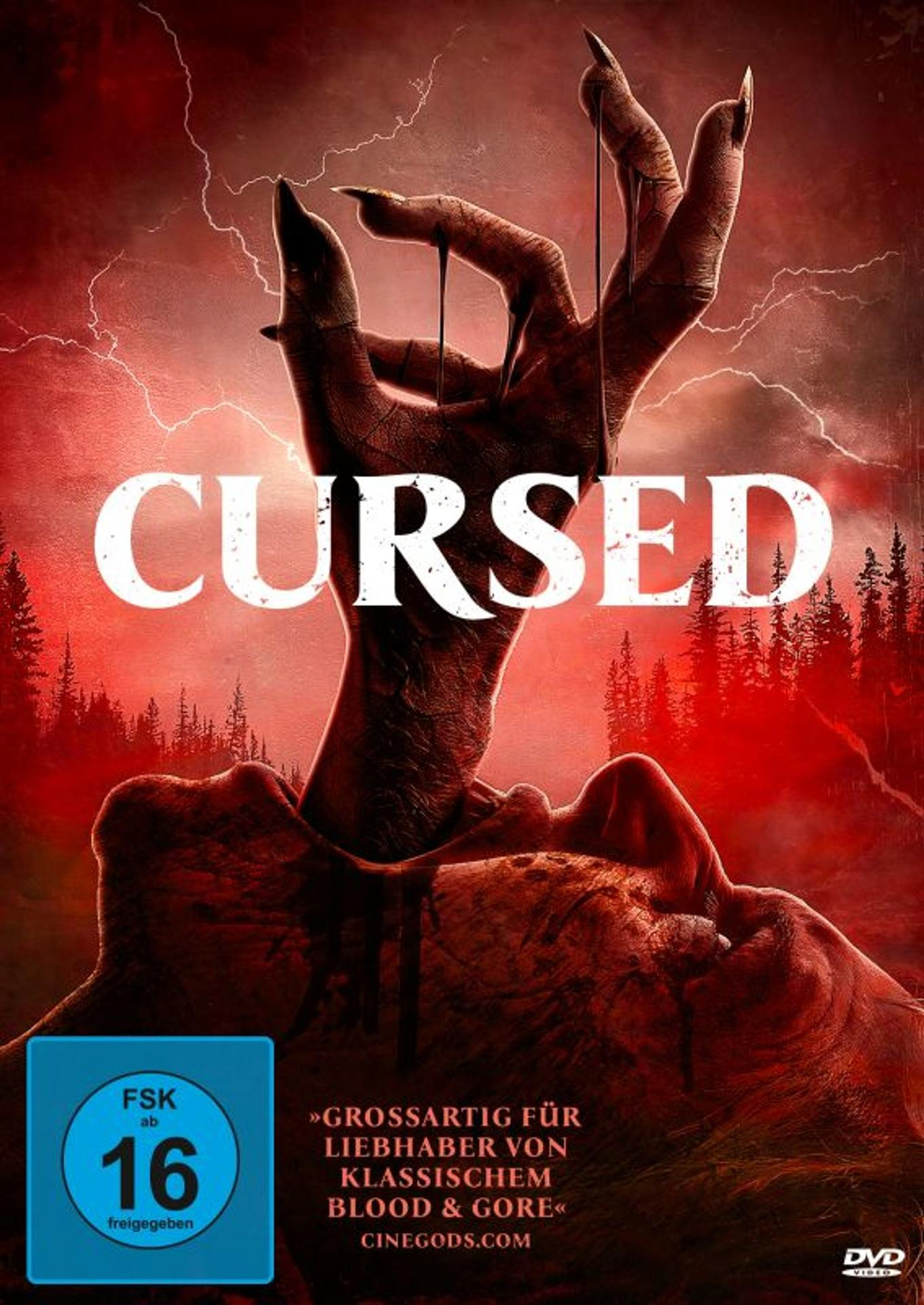 Filmposter für 'Cursed'. Eine Hand mit langen Nägeln ragt aus rotem Hintergrund mit Gesicht.