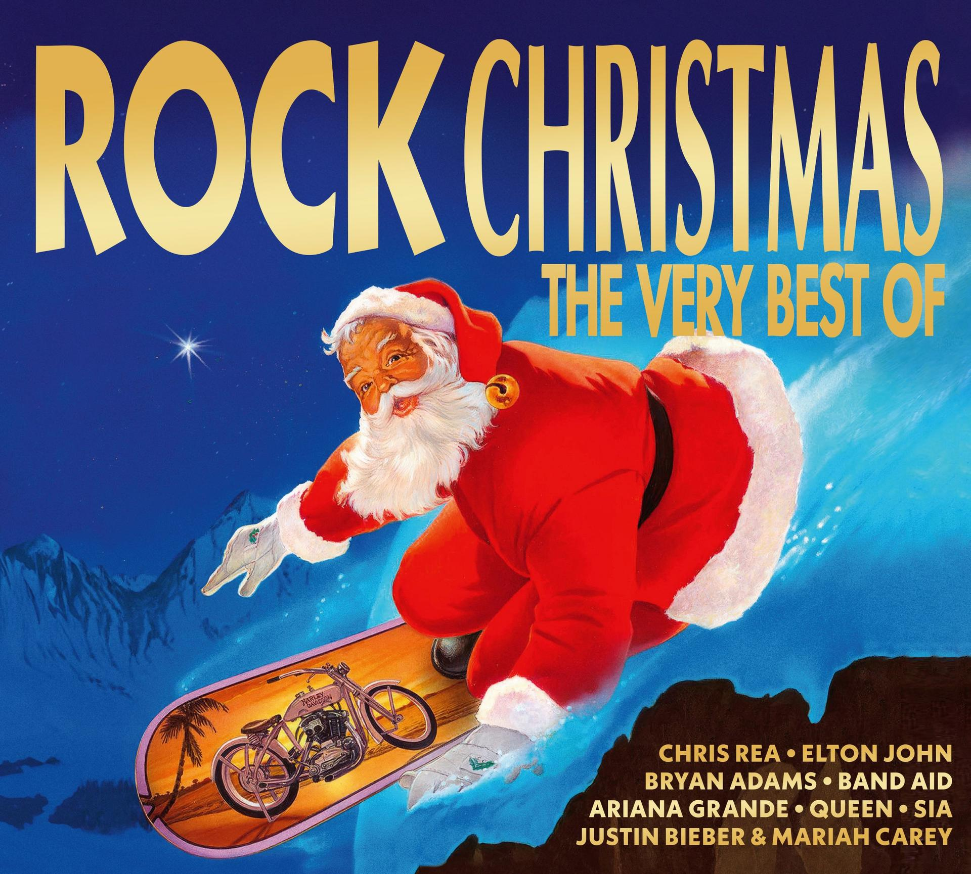 Weihnachtsmann auf Surfbrett mit Motorraddesign, 'Rock Christmas' Text steht oben.