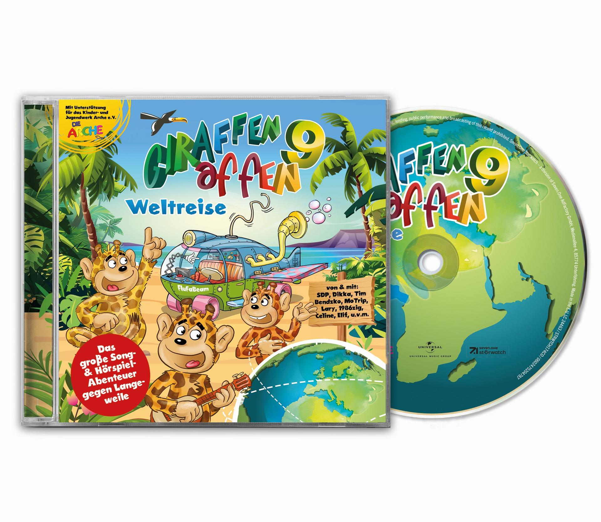 CD-Hülle mit Cartoon-Giraffen und Affen darauf. Grüne und blaue Weltkarte auf der CD selbst.