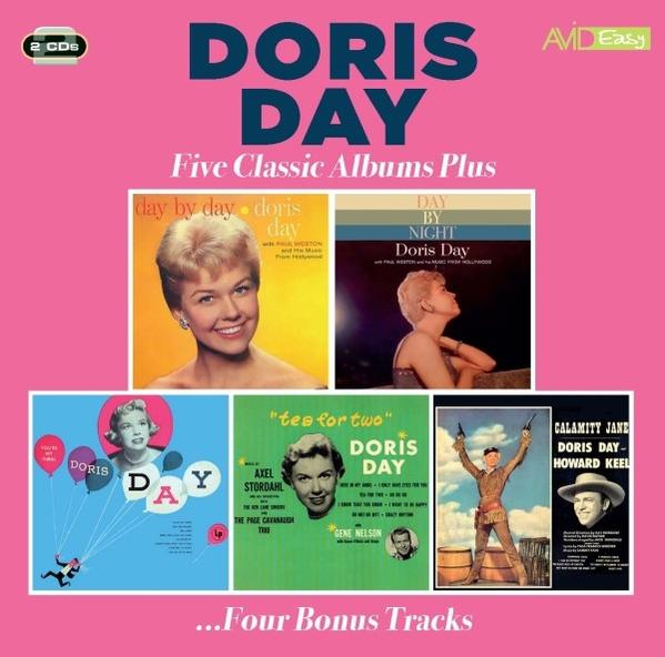 Pochette de CD de 'Five Classic Albums Plus' de Doris Day. Photos de Doris Day et pochettes d'albums.