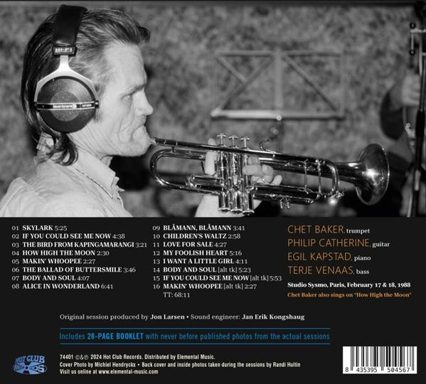 La pochette arrière d'un album de Chet Baker. Inclut la liste des titres et les crédits, avec la photo de Chet.