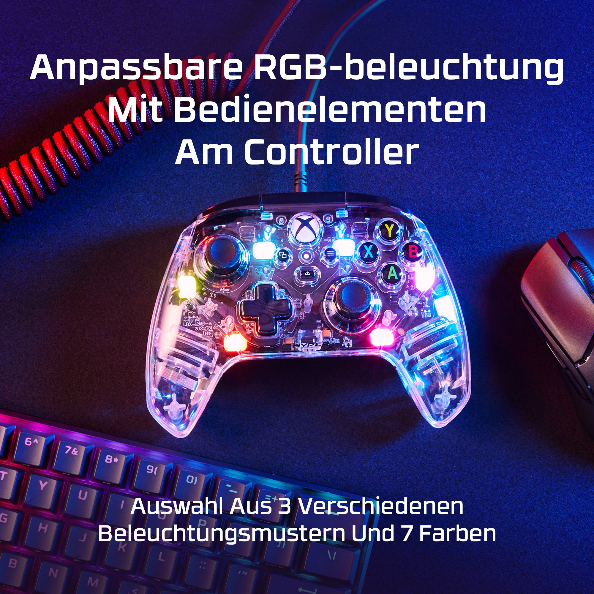 Transparenter Gaming-Controller mit anpassbarer RGB-Beleuchtung und Bedienelementen.