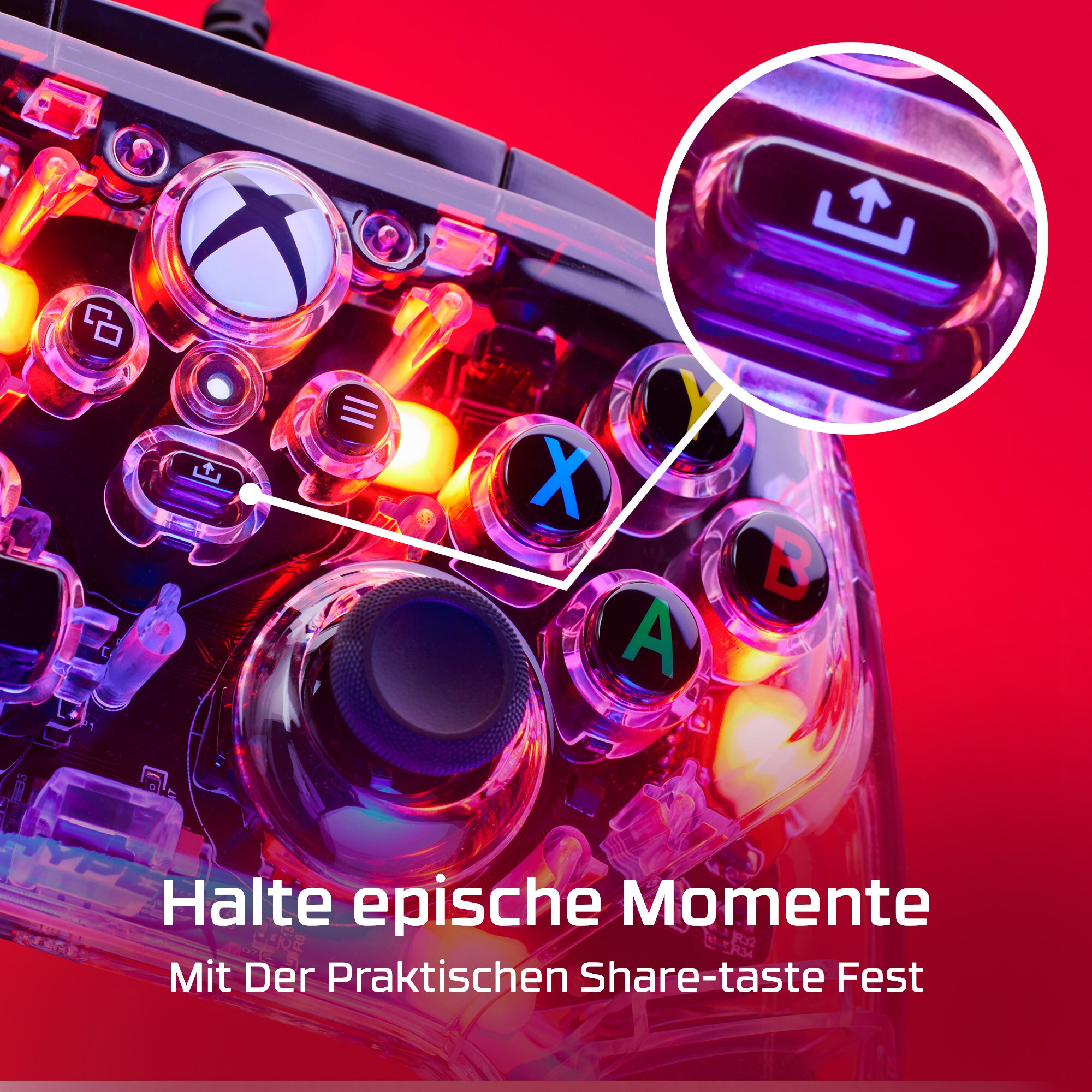 Xbox Controller-Detail mit hervorgehobenen Tasten, umgeben von Text auf Deutsch.