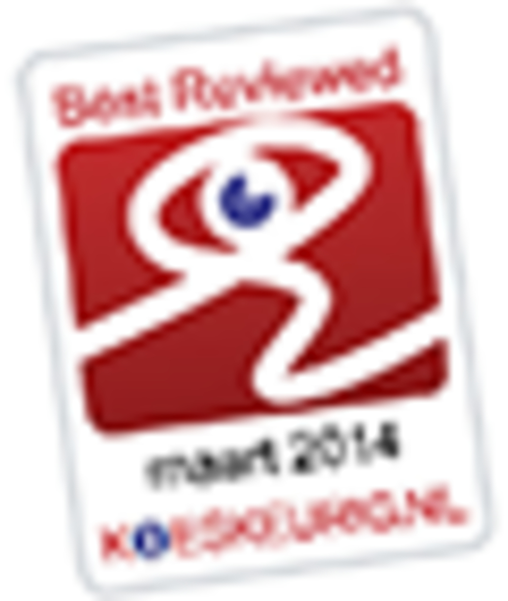 Ein rotes und weißes Quadrat mit den Worten 'Best Reviewed' und dem KOESKLEURIG.NL-Logo.