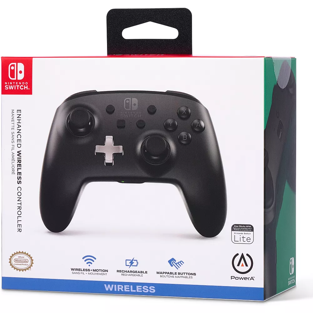 Siyah bir Nintendo Switch Pro Kontrol Cihazı, Nintendo logosu ve metniyle birlikte ambalajında sergileniyor.