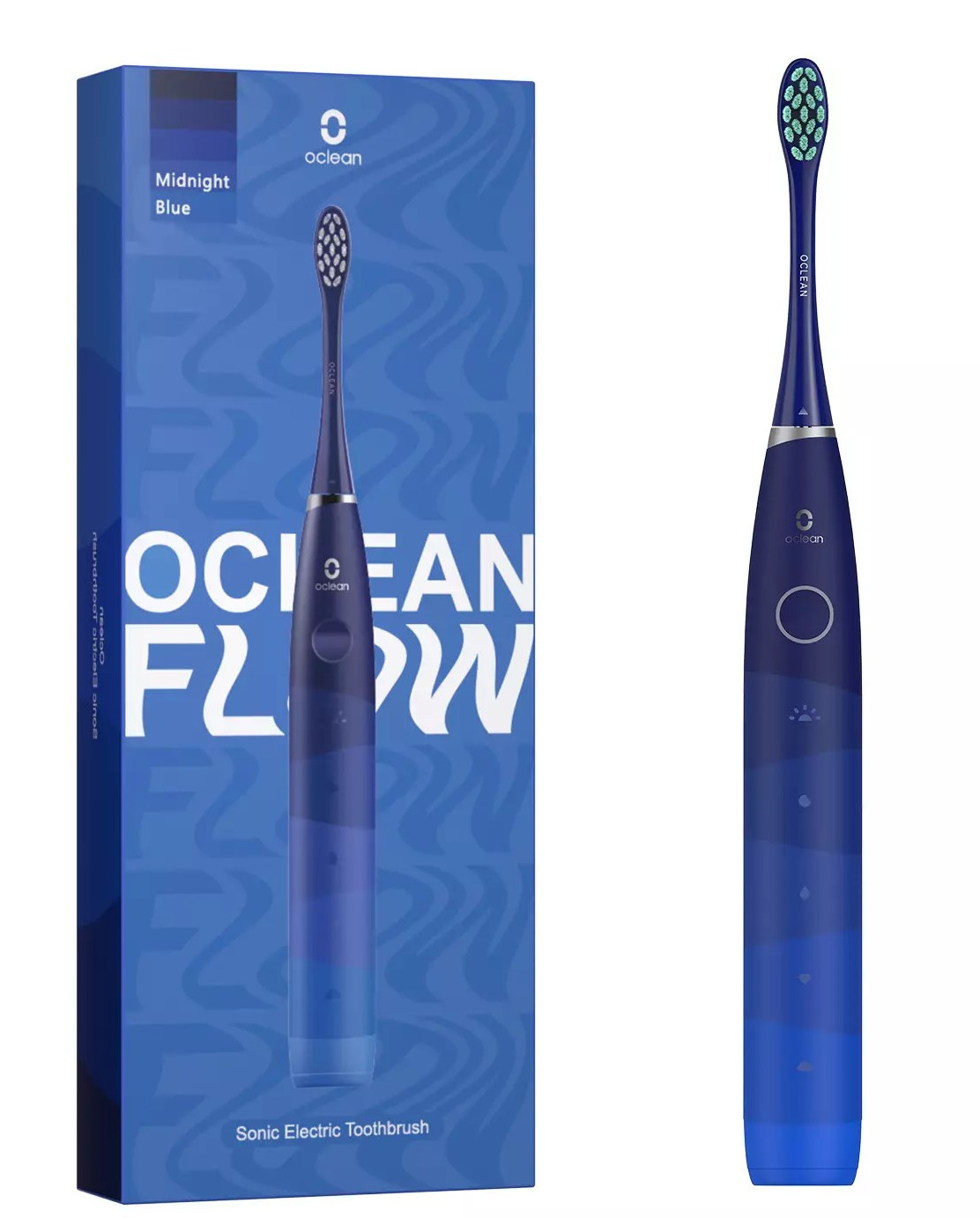 Elektryczna szczoteczka do zębów i jej pudełko. Szczoteczka jest granatowa. Pudełko ma niebieski wzór fal.