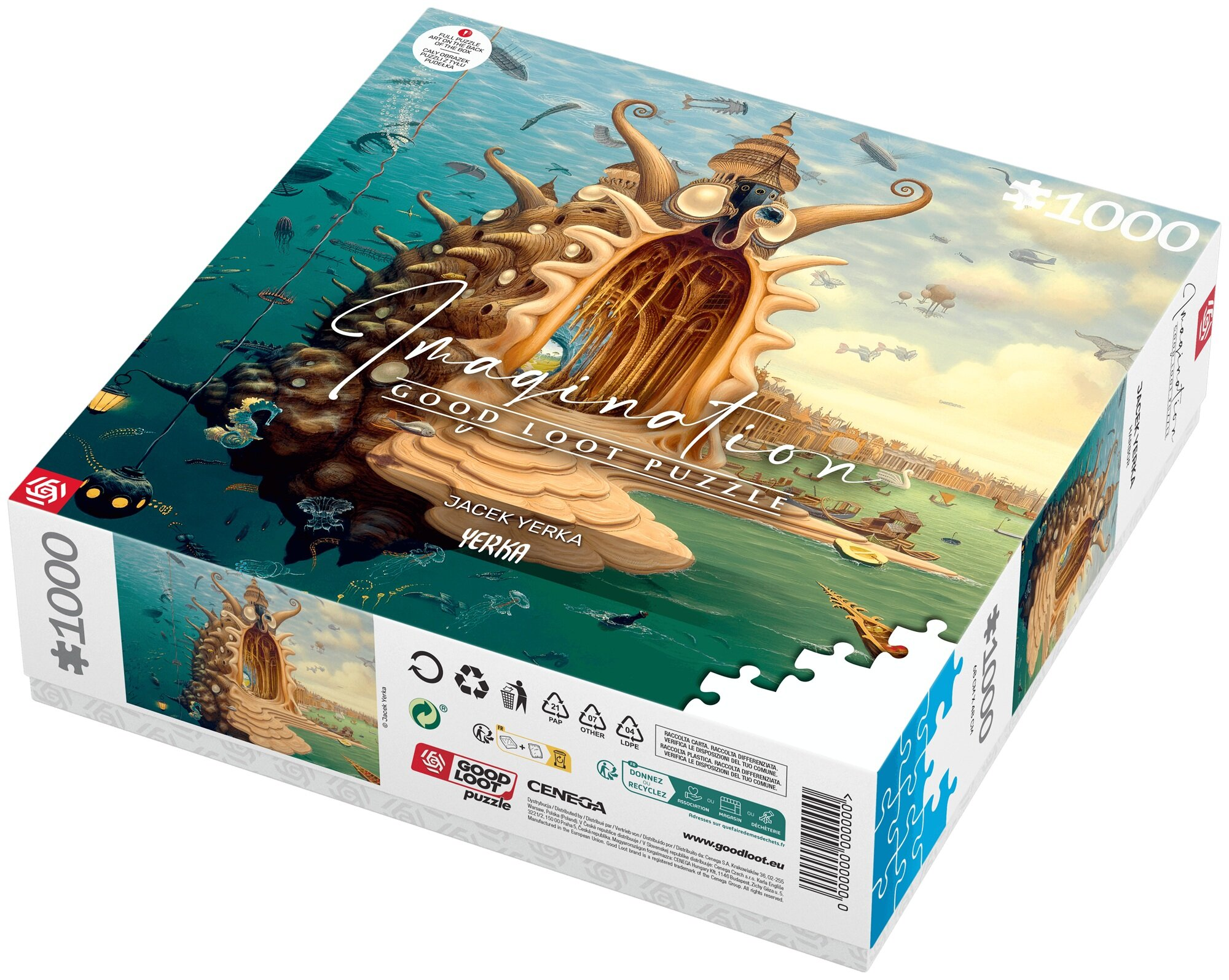 Pudełko z puzzlami, podwodna scena z dużą muszlą, rybami i tekstem 'Imagination'.