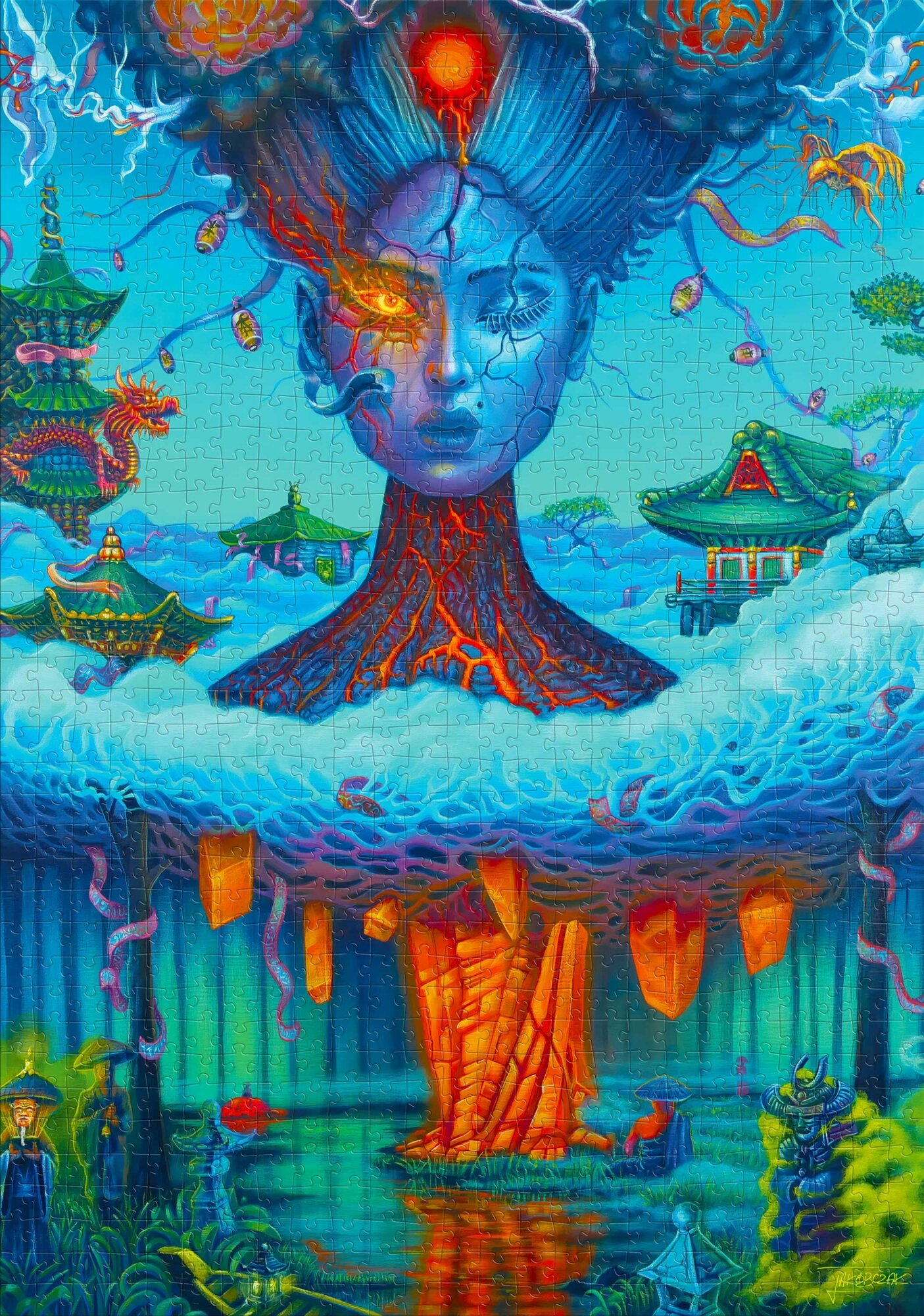 Twarz kobiety z otwartym okiem, otoczona fantastycznym krajobrazem z pagodami i drzewem pomarańczowym.