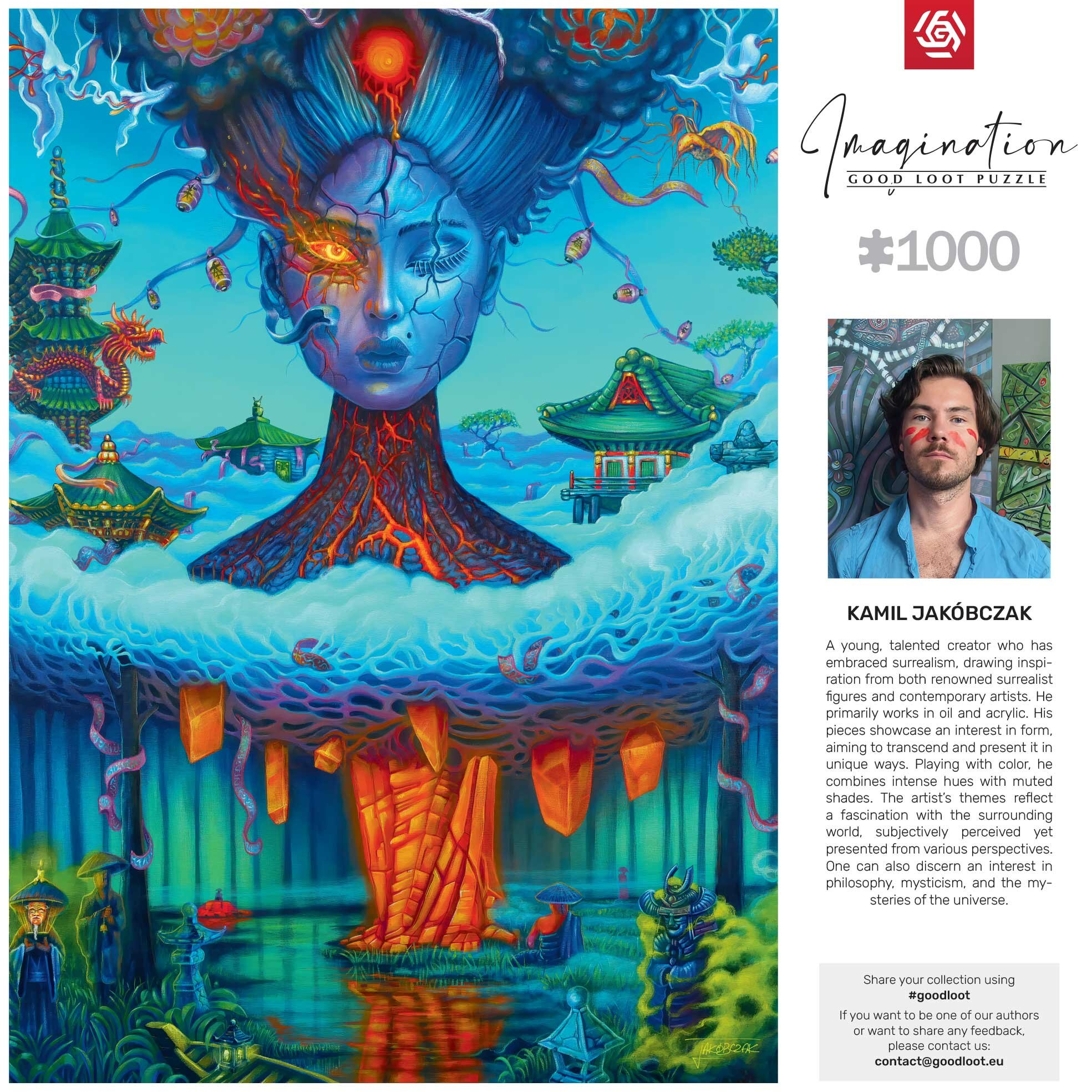 Kolorowe dzieło sztuki. Twarz kobiety z niebieską skórą jest centralnym punktem.