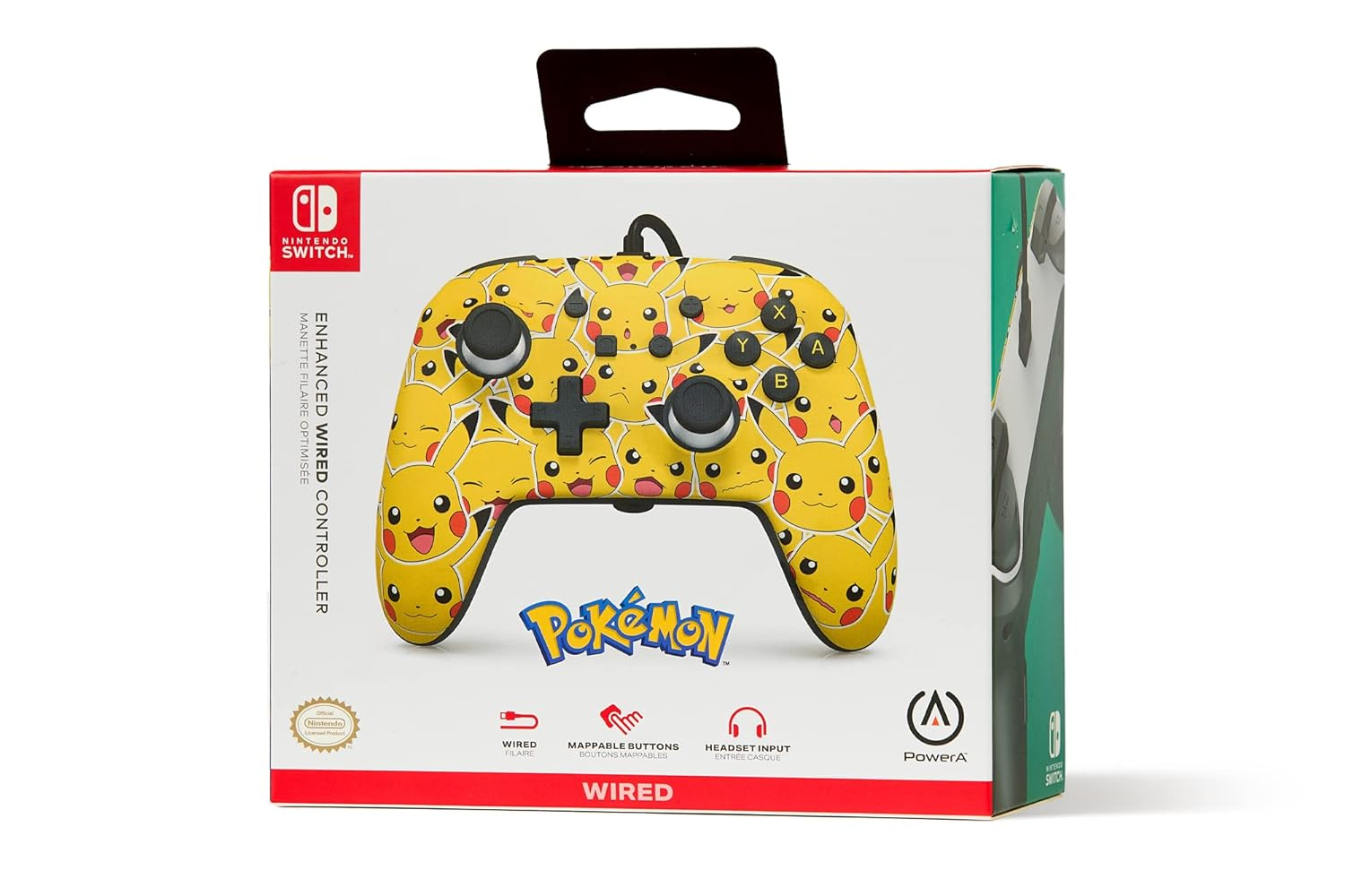 Sarı Pikachu tasarımlı ve Nintendo Switch logosu bulunan Pokemon kontrolcü kutusu.