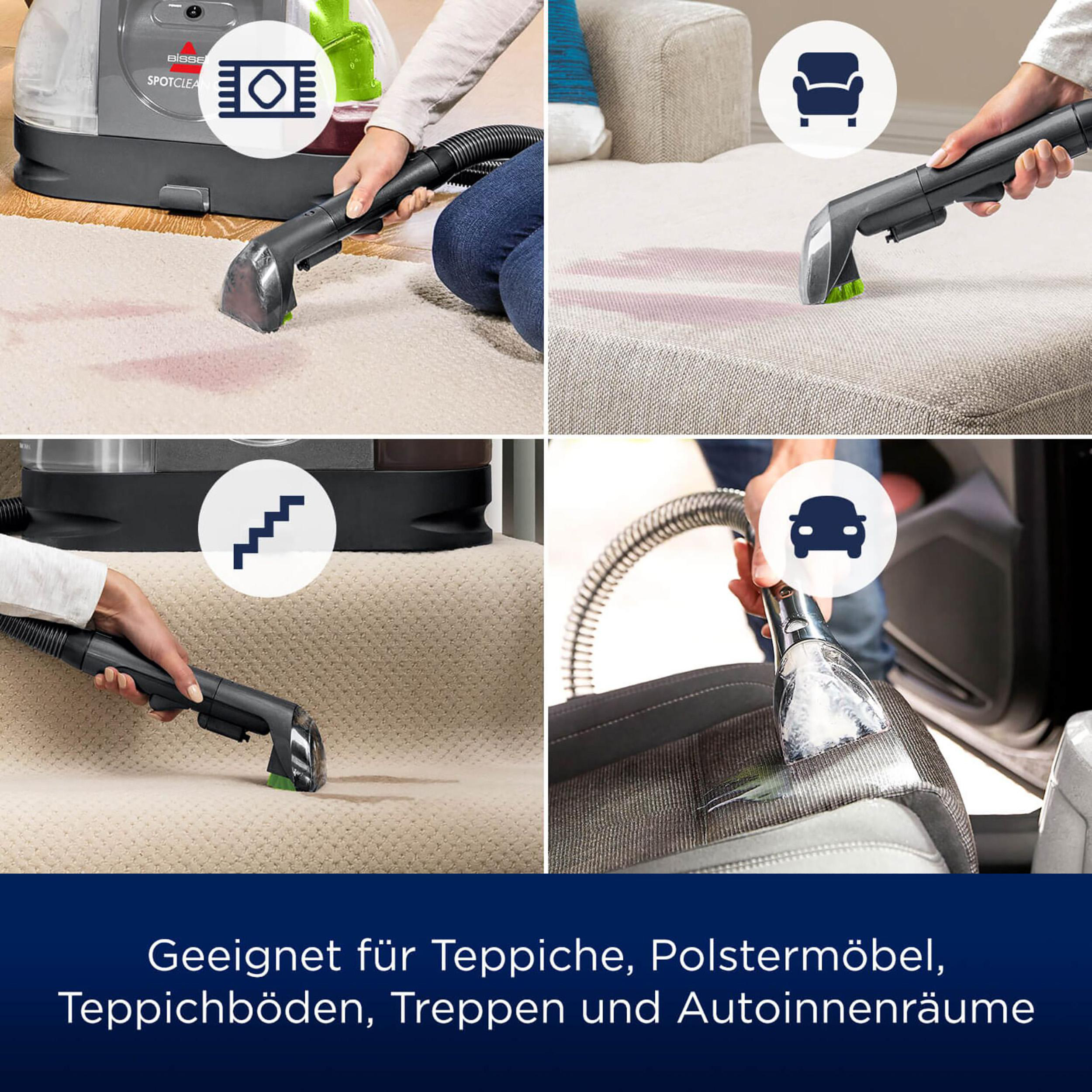 Collage, das zeigt, wie ein Reiniger Flecken von Teppichen, Polstern, Treppen und Autoinnenräumen entfernt.