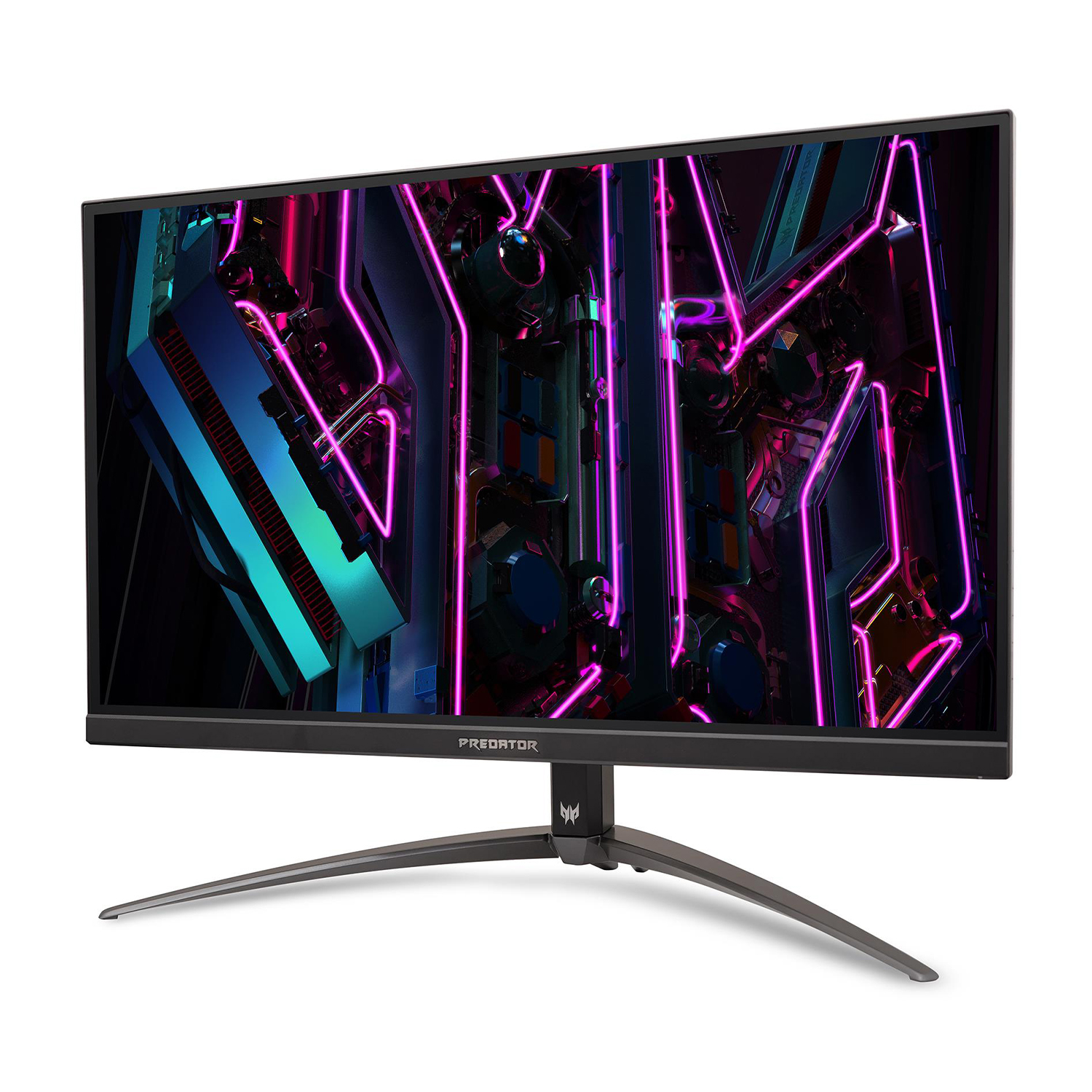 Un monitor di computer nero con un supporto curvo, che mostra un'immagine viola astratta.