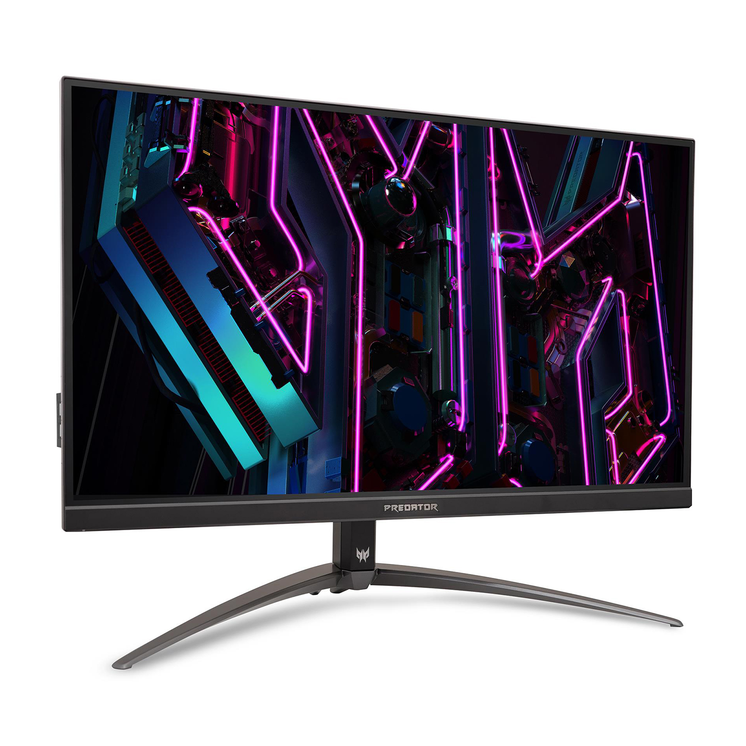 Un elegante monitor da gioco Predator nero con un supporto curvo argentato, che mostra una grafica digitale colorata.