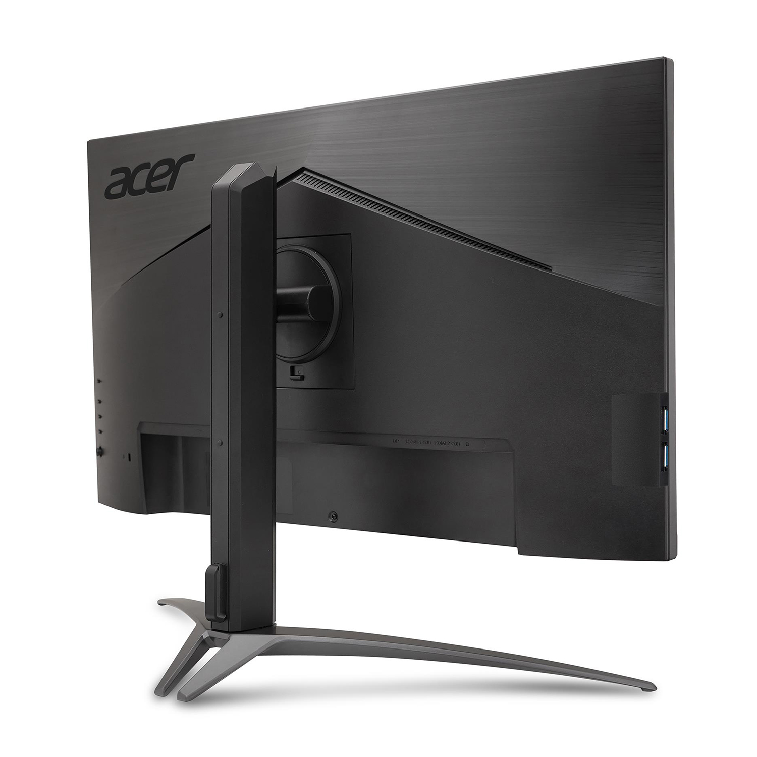 Vista posteriore di un monitor Acer nero con supporto, sfondo bianco.