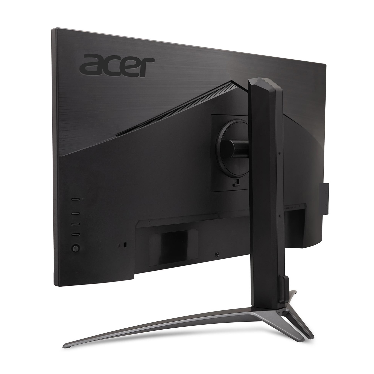 Vista posteriore di un monitor Acer nero su sfondo bianco, mostra il supporto.