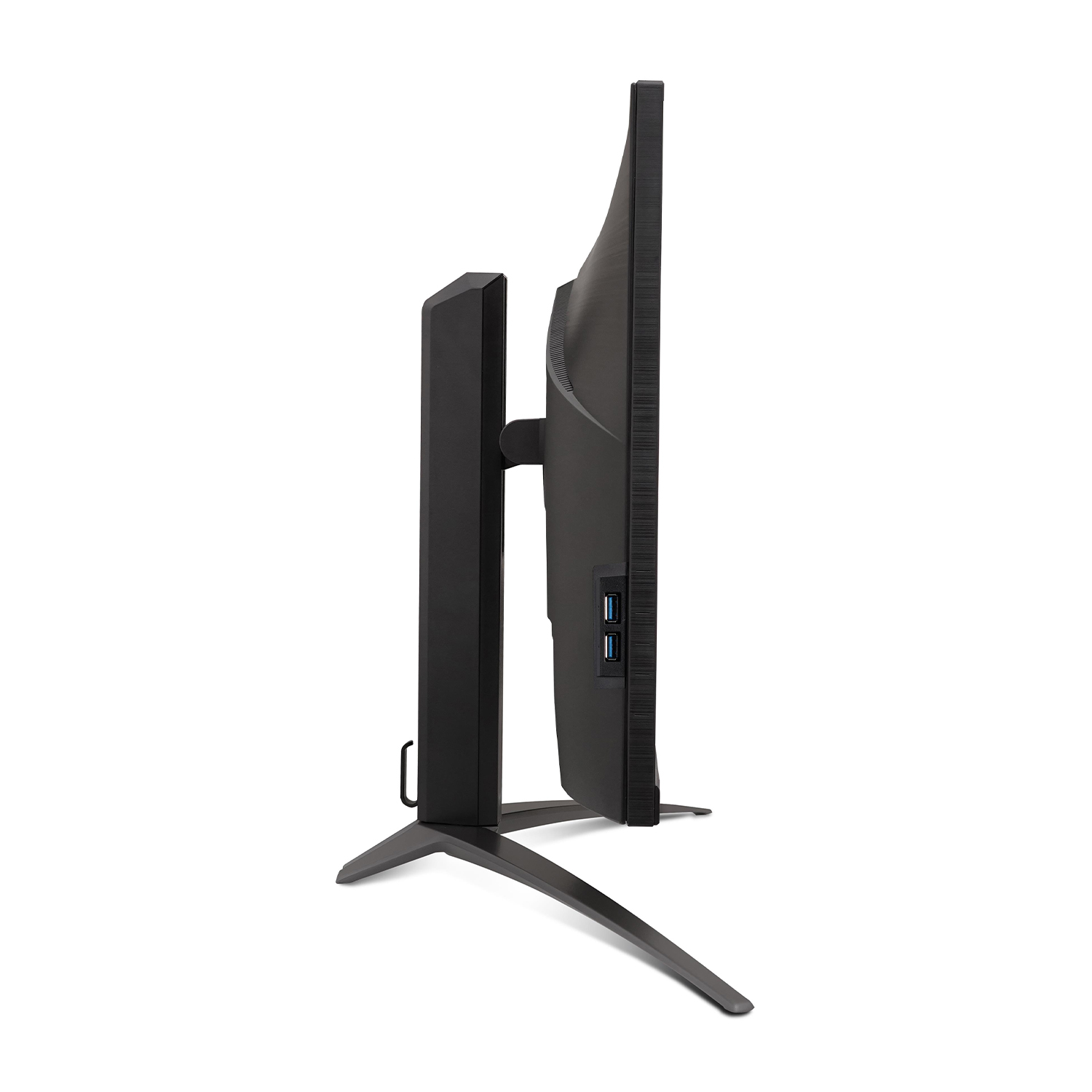 Una vista laterale di un monitor per computer nero con supporto, che mostra le porte e un design elegante.