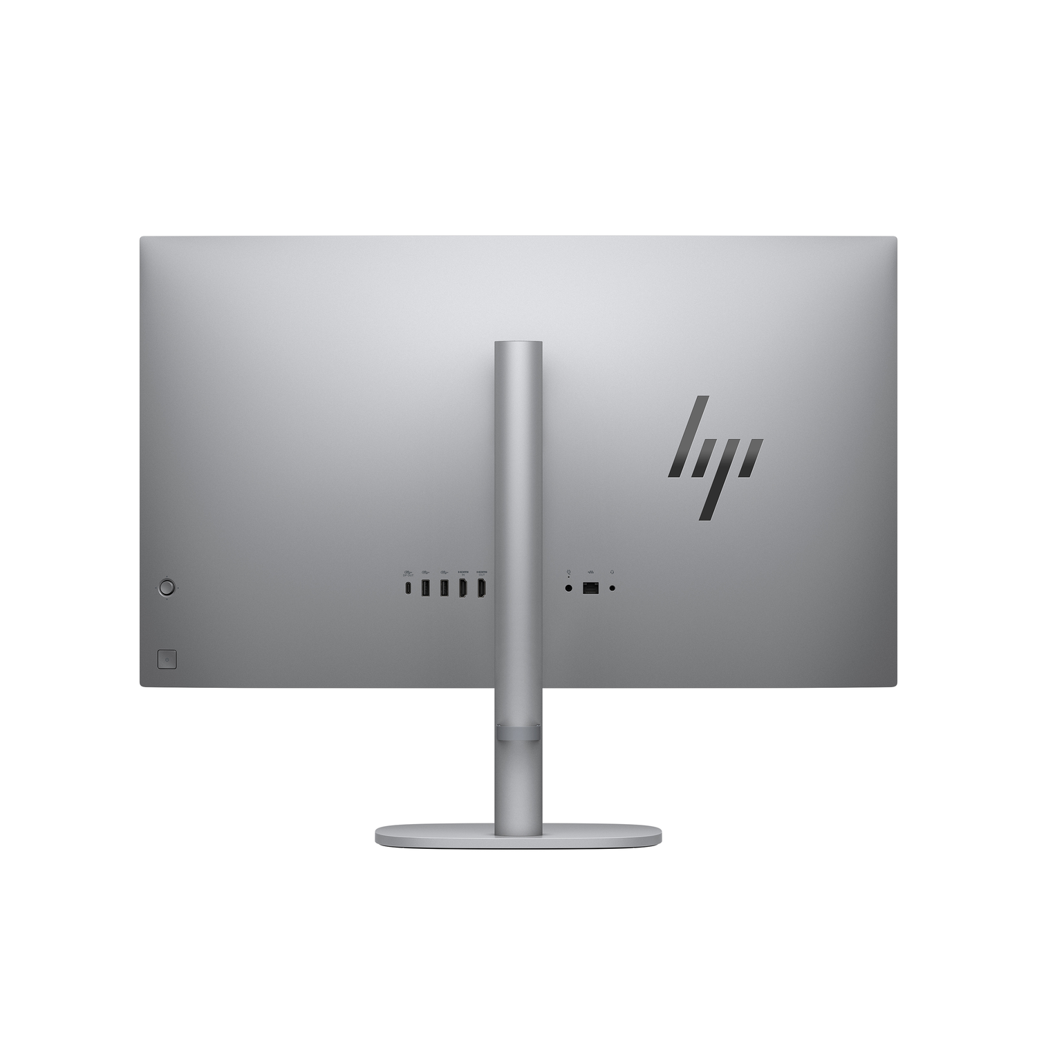 Achterkant van een zilveren HP monitor met standaard en zichtbare poorten.