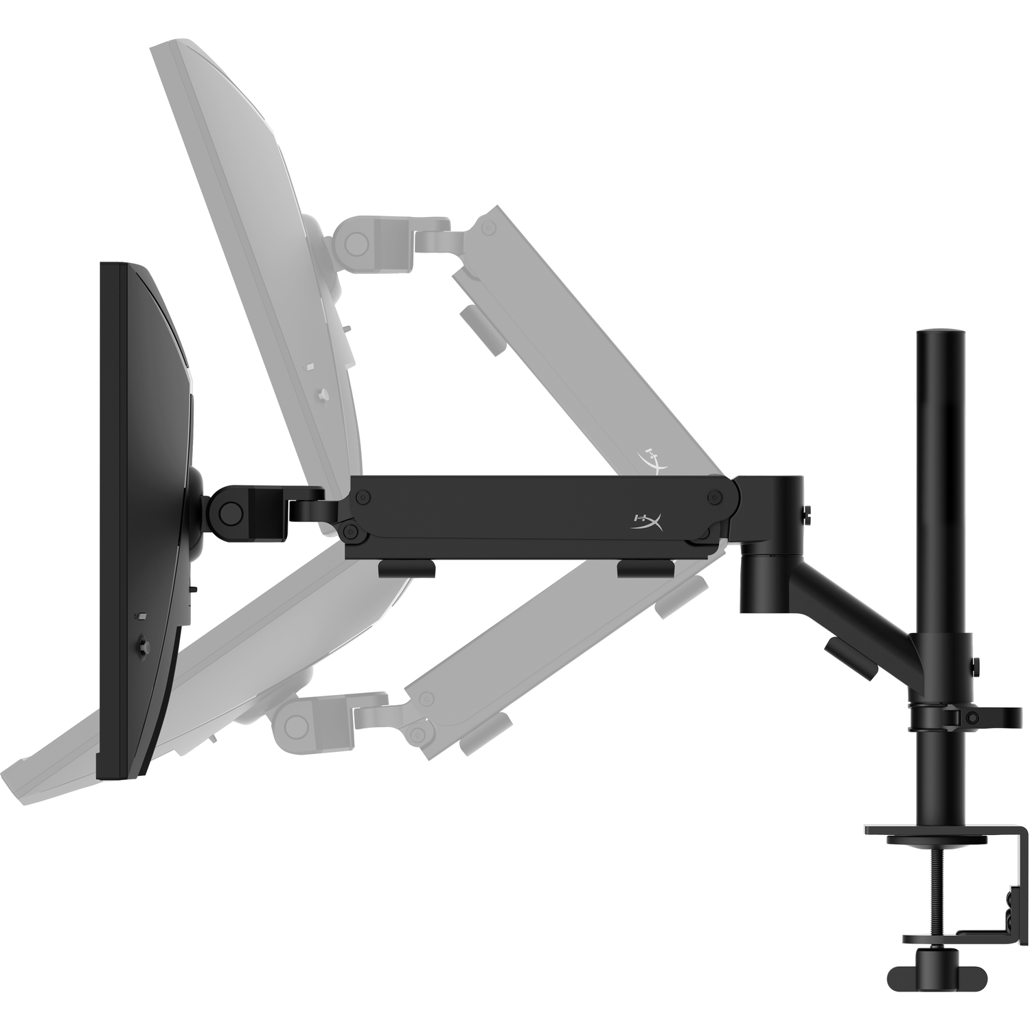 Bras de moniteur noir avec un moniteur. Le bras est réglable et monté sur un bureau.
