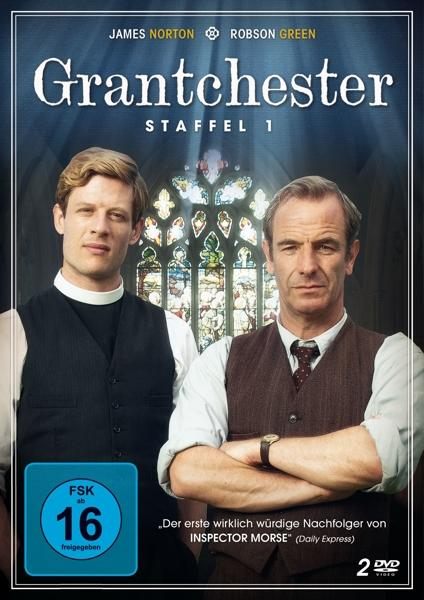 Grantchester Staffel 1 DVD-Cover, zwei Männer vor einem Buntglasfenster. Deutscher Text und Altersfreigabe.