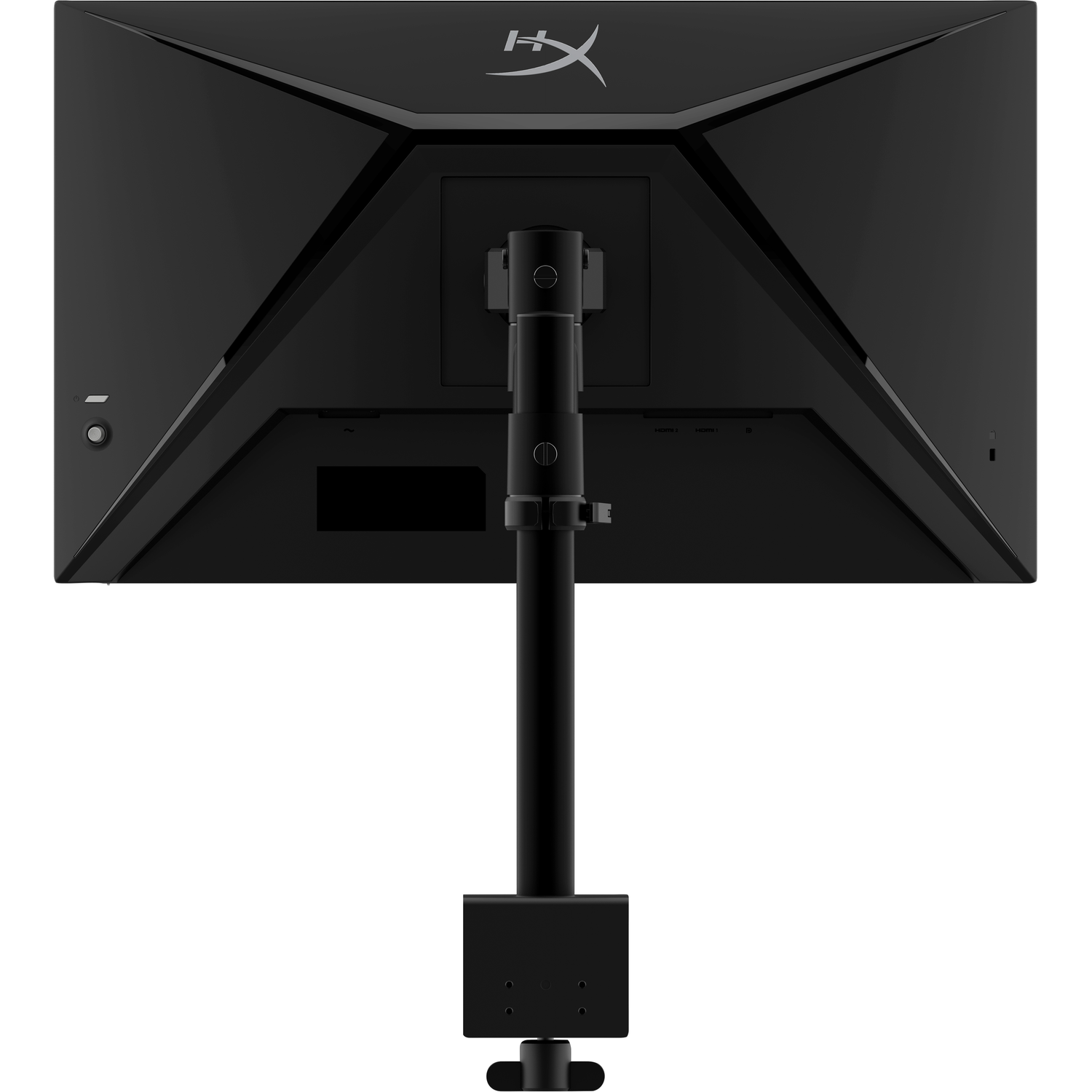 L'arrière d'un écran d'ordinateur noir sur un support noir, montrant les ports et le logo HyperX.