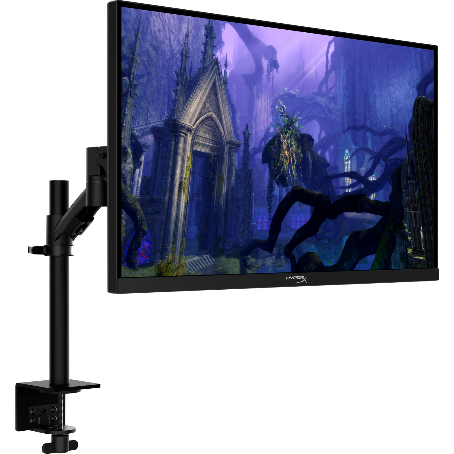 Un moniteur noir monté sur un support noir avec une image à l'écran.