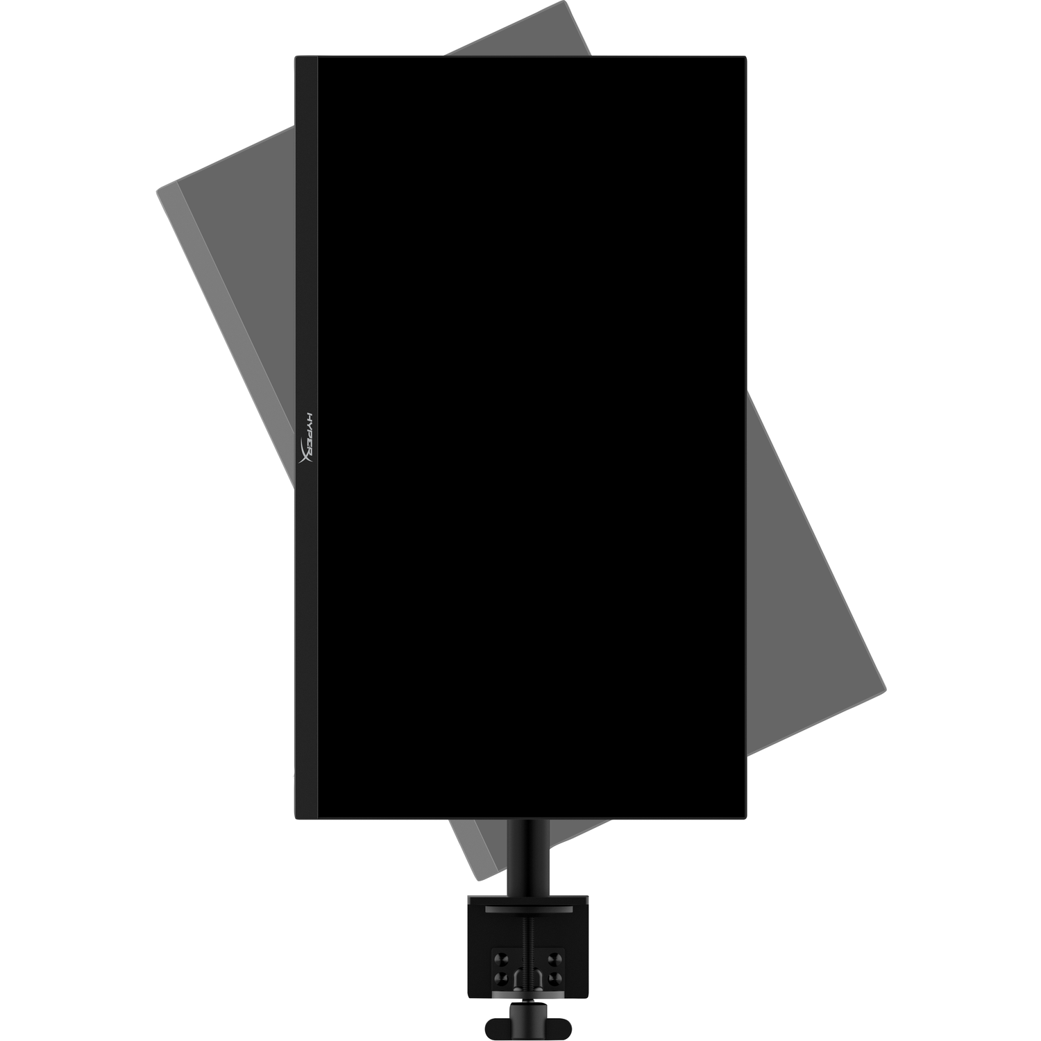 Écran noir incliné, sur pied noir, fond blanc, logo HyperX.