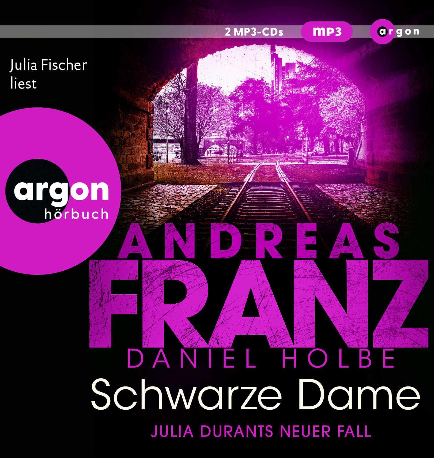 Hörbuchcover mit einem Torbogen, Bahngleisen und einem lila Text mit Andreas Franz.