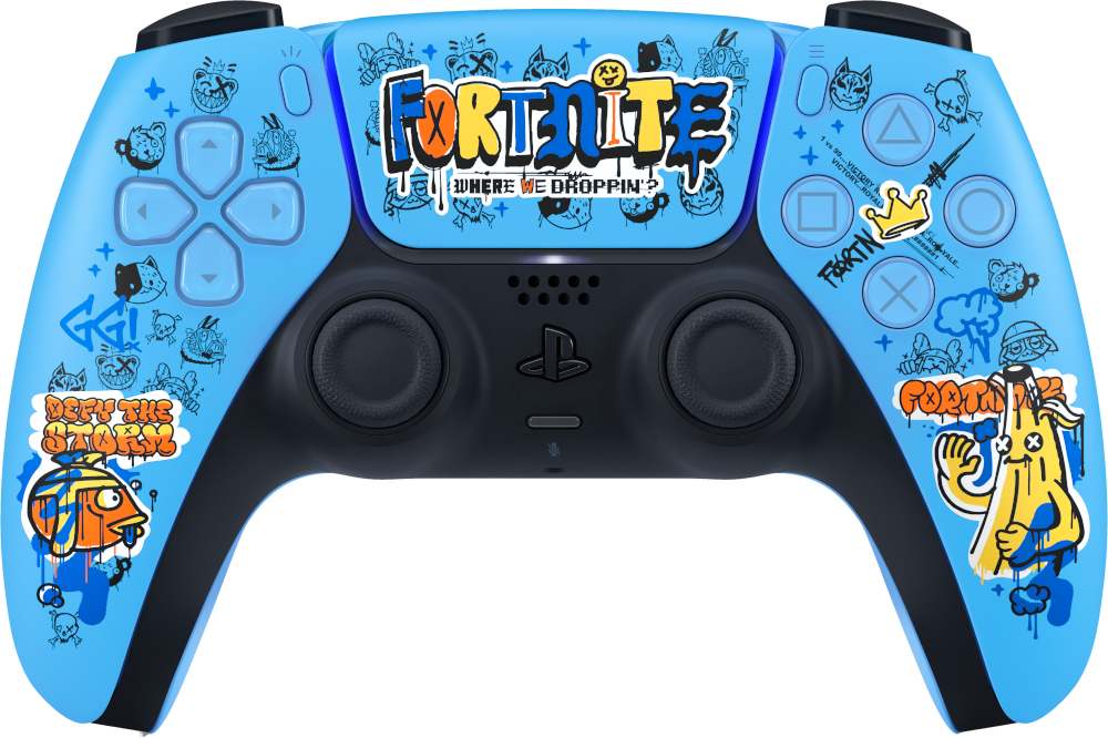 Blauwe Fortnite PS5 controller met diverse graffiti-achtige afbeeldingen en tekst.