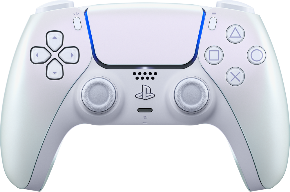 Manette PlayStation 5 blanche. Boutons : X, carré, triangle, cercle, flèches, pavé tactile.