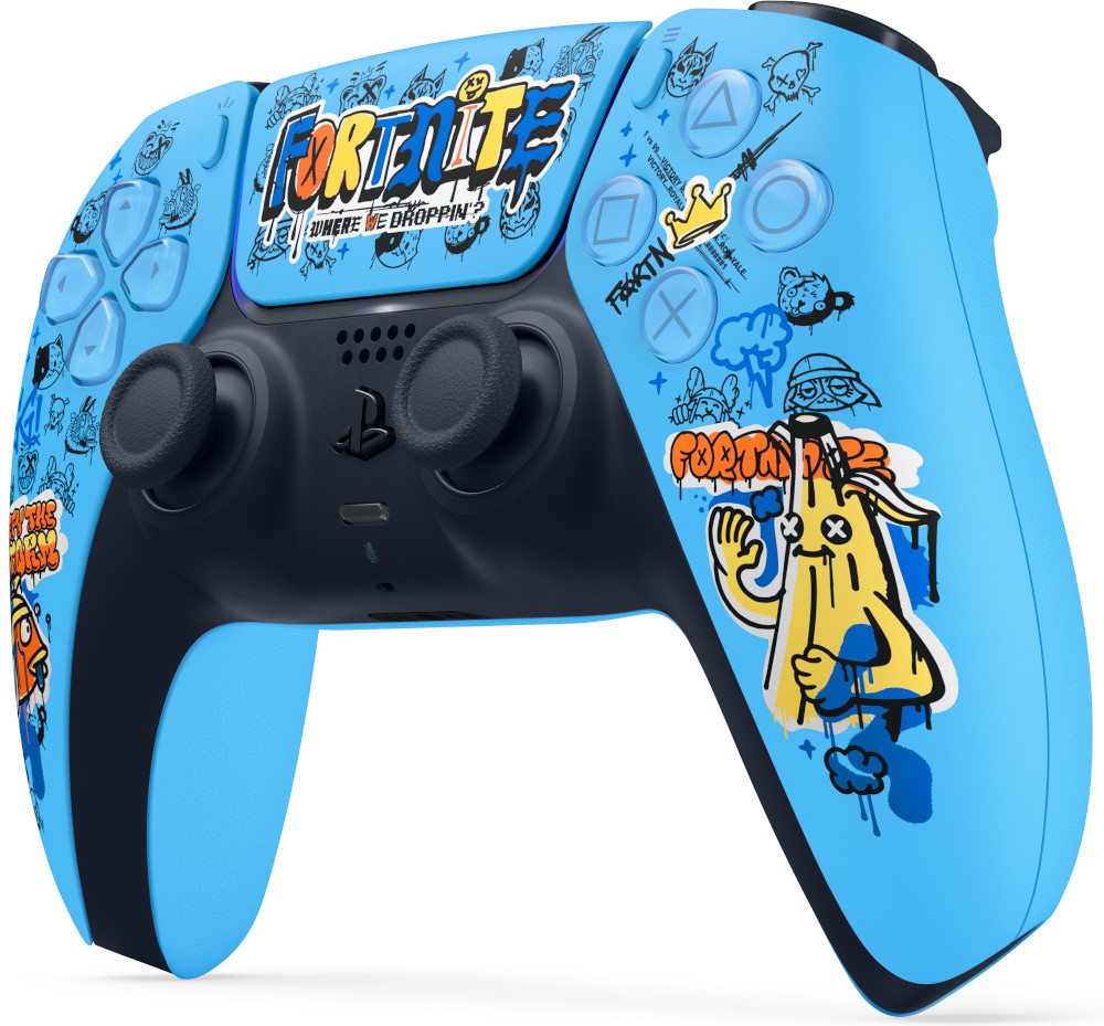 Een blauwe Fortnite-thema PlayStation-controller met verschillende tekeningen erop.
