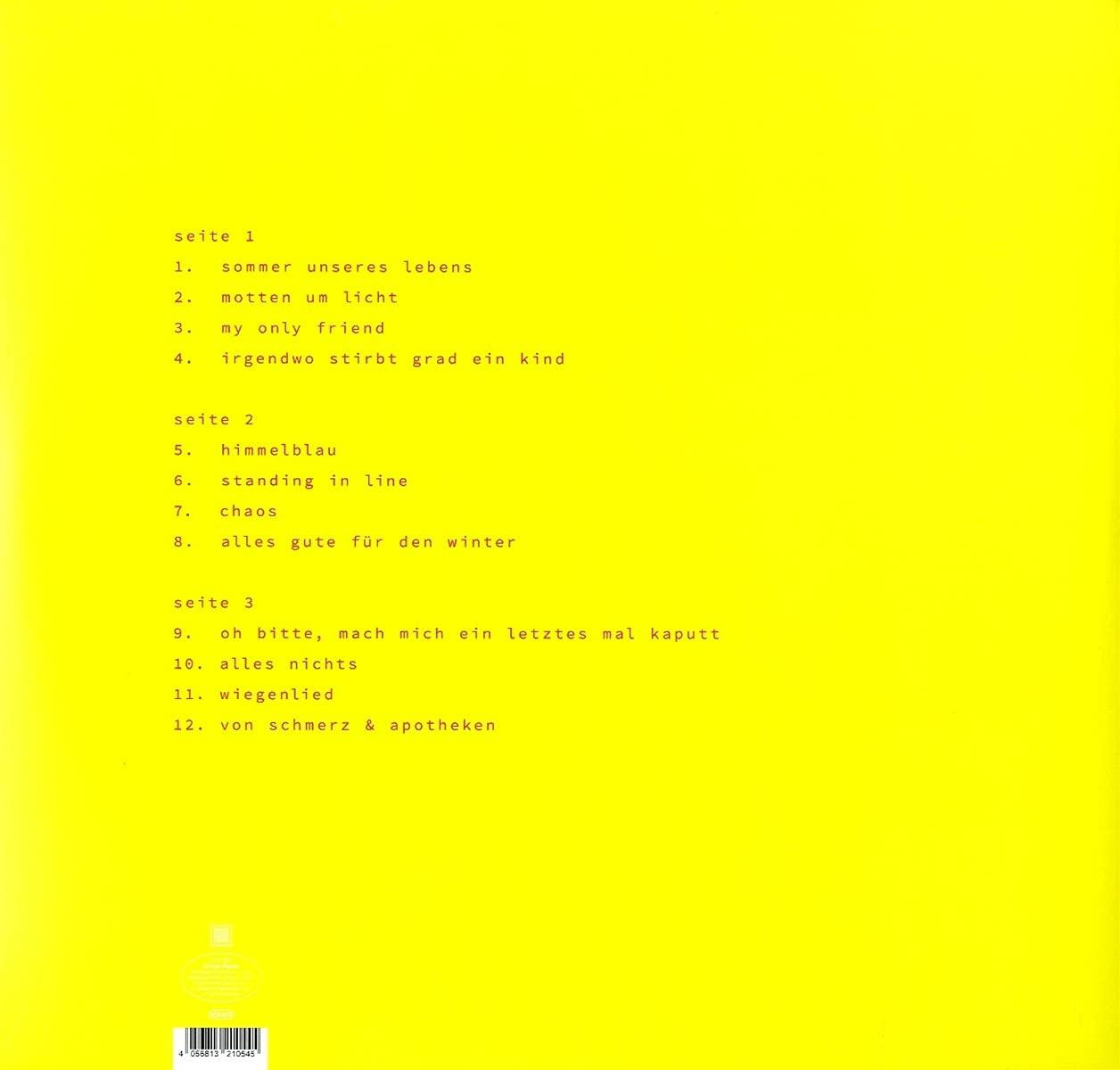 Eine gelbe Plattenhülle mit deutschen Songtiteln und einem Barcode.