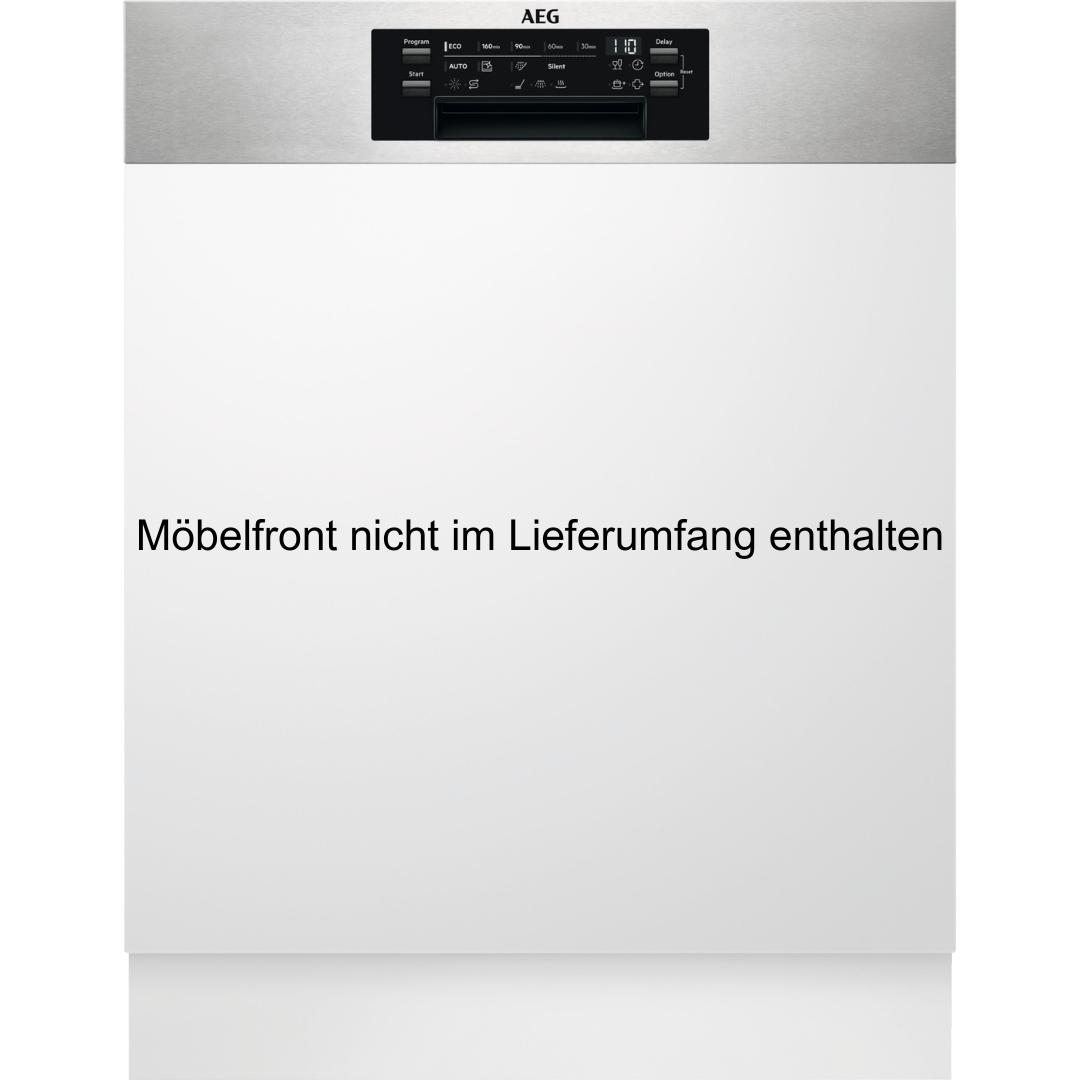 AEG Geschirrspüler. Die Front ist weiß, das Bedienfeld oben aus Edelstahl.