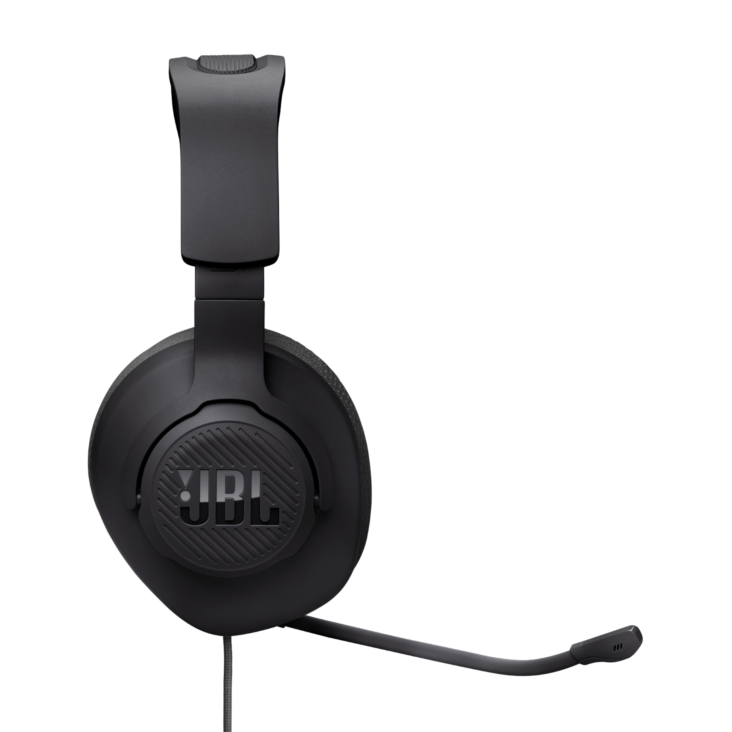 Siyah JBL kulaklık, açılı ön görünüm. Kafa bandı ve mikrofon görünür. Kulakta JBL logosu.