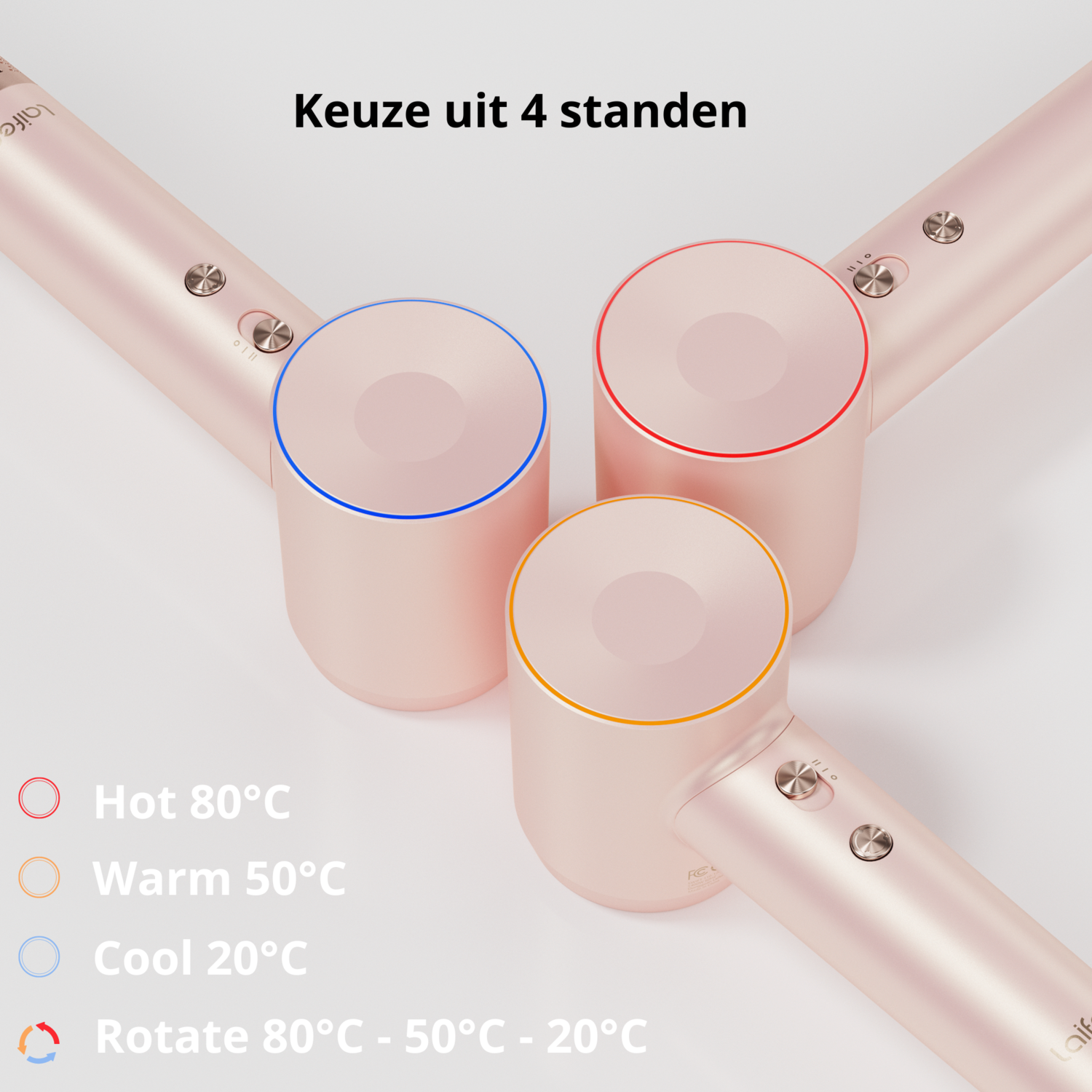 Drie roze haarstylingapparaten met verschillende gekleurde ringen op hun hoofden.