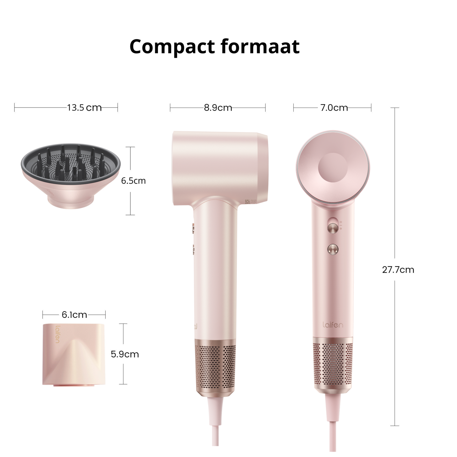 Roze haardroger met opzetstukken en afmetingen. Compact formaat met afmetingen gemarkeerd.