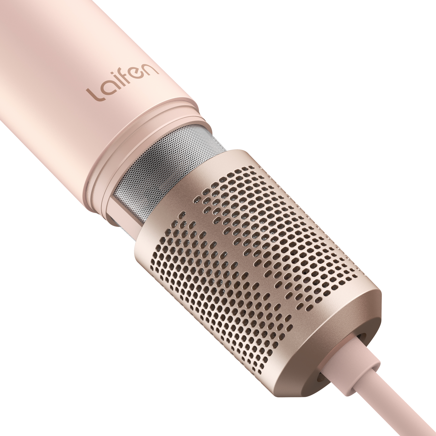 Close-up van een roze en gouden föhnopzetstuk met een gaasfilter en een kabel.
