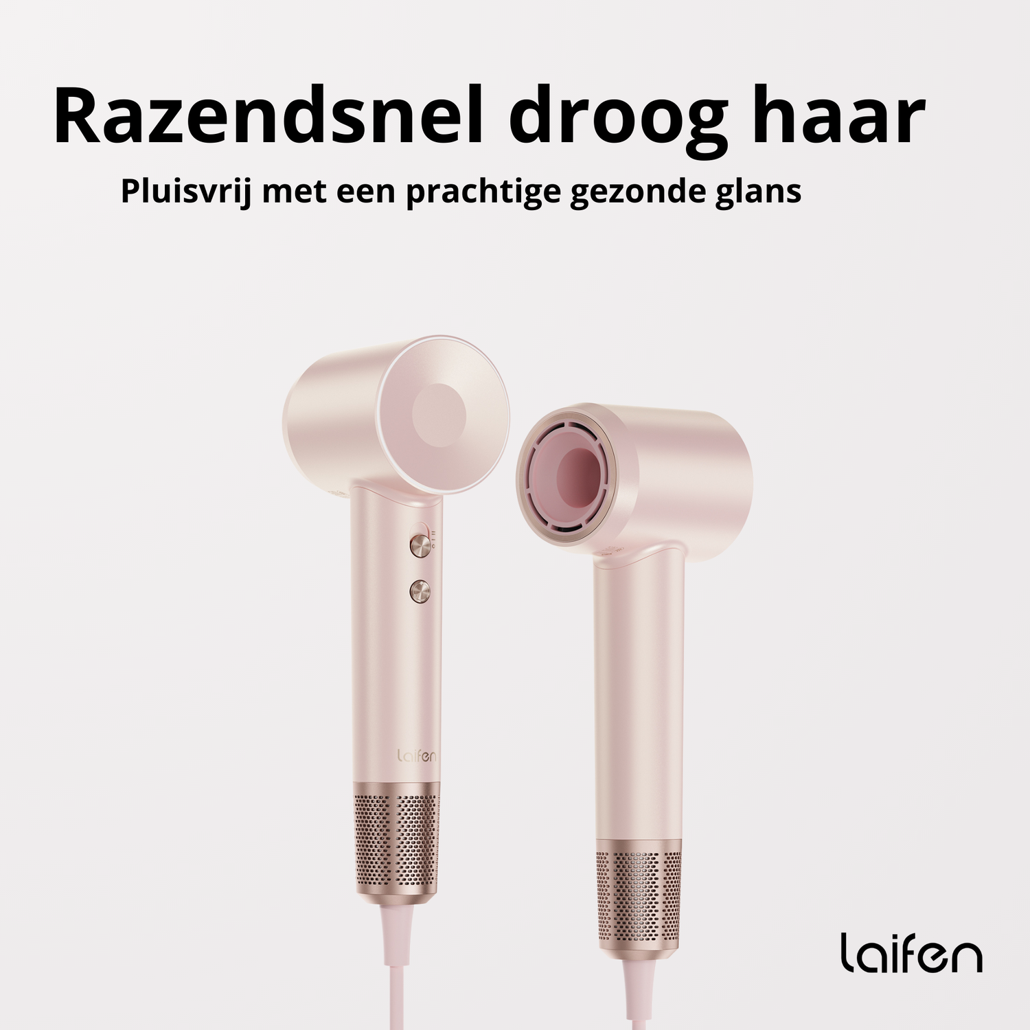 Twee roze haardrogers met tekst over snel drogen van haar en glans.