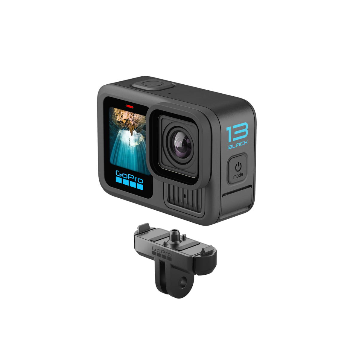 Schwarze GoPro-Kamera mit abnehmbarer Halterung. Bildschirm zeigt Video.