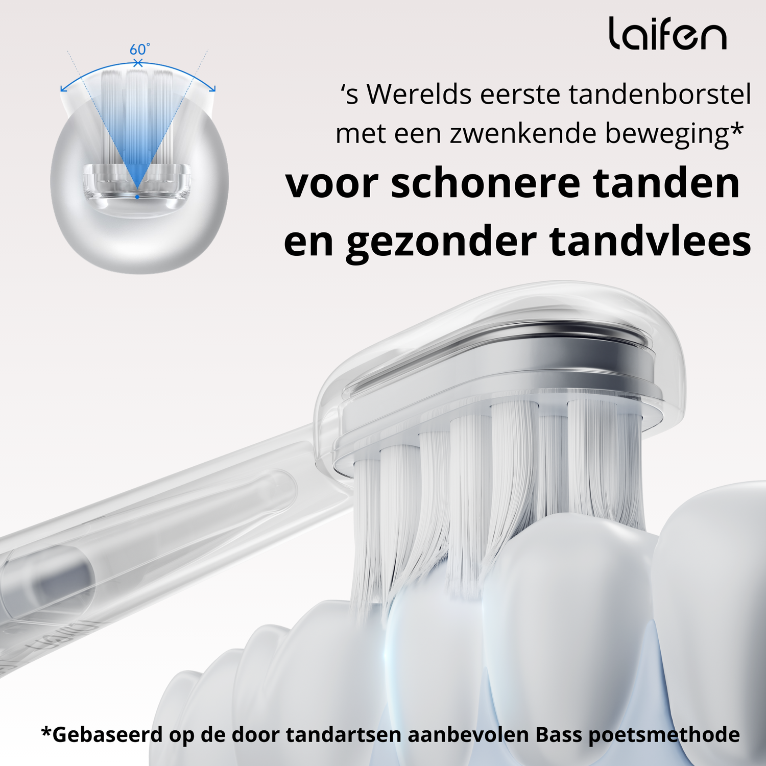 Een tandenborstelkop met borstels en tanden, met tekst op de achtergrond.