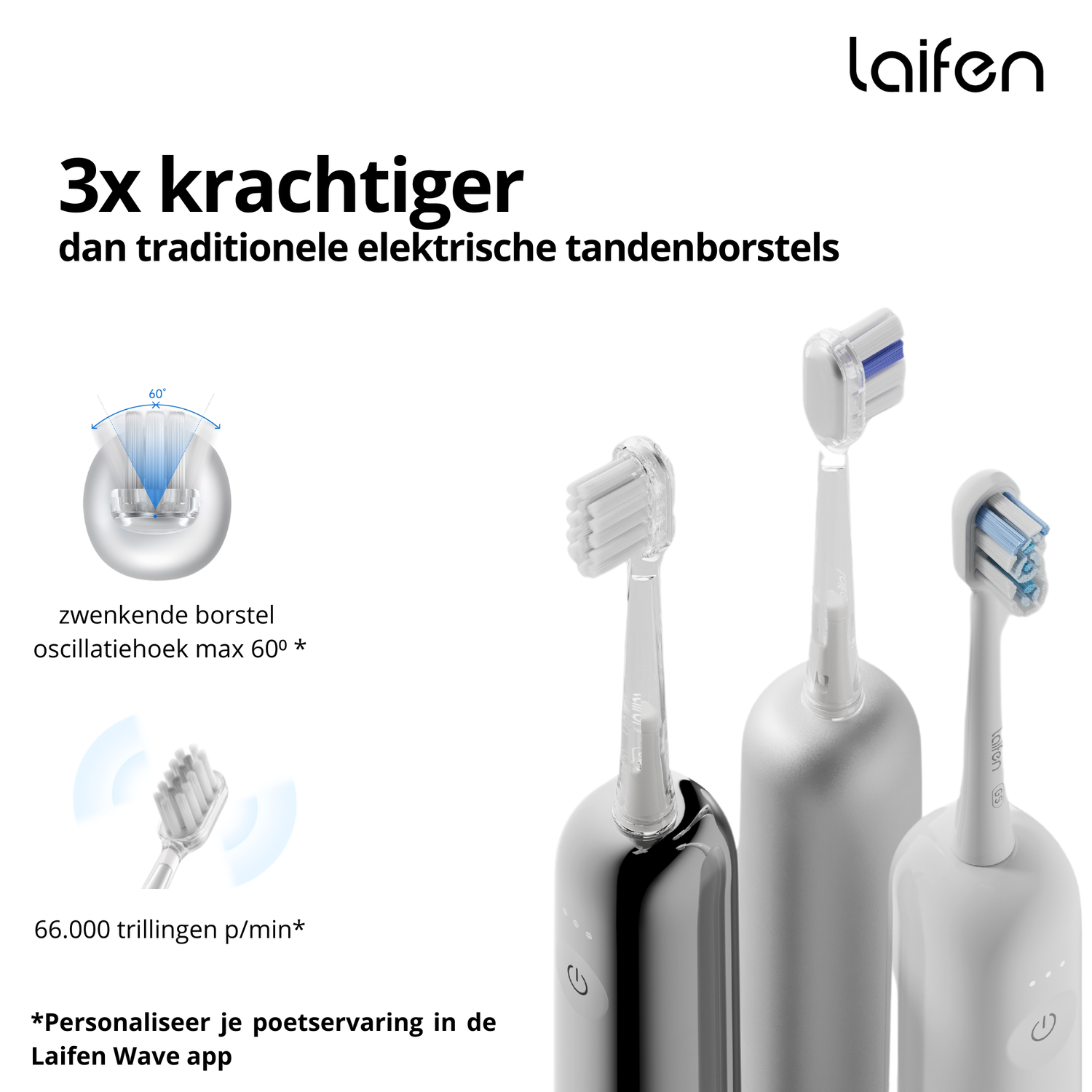 Elektrische tandenborstels. 3 worden getoond. Tekst: "3x krachtiger". Detail: oscillerende kop.
