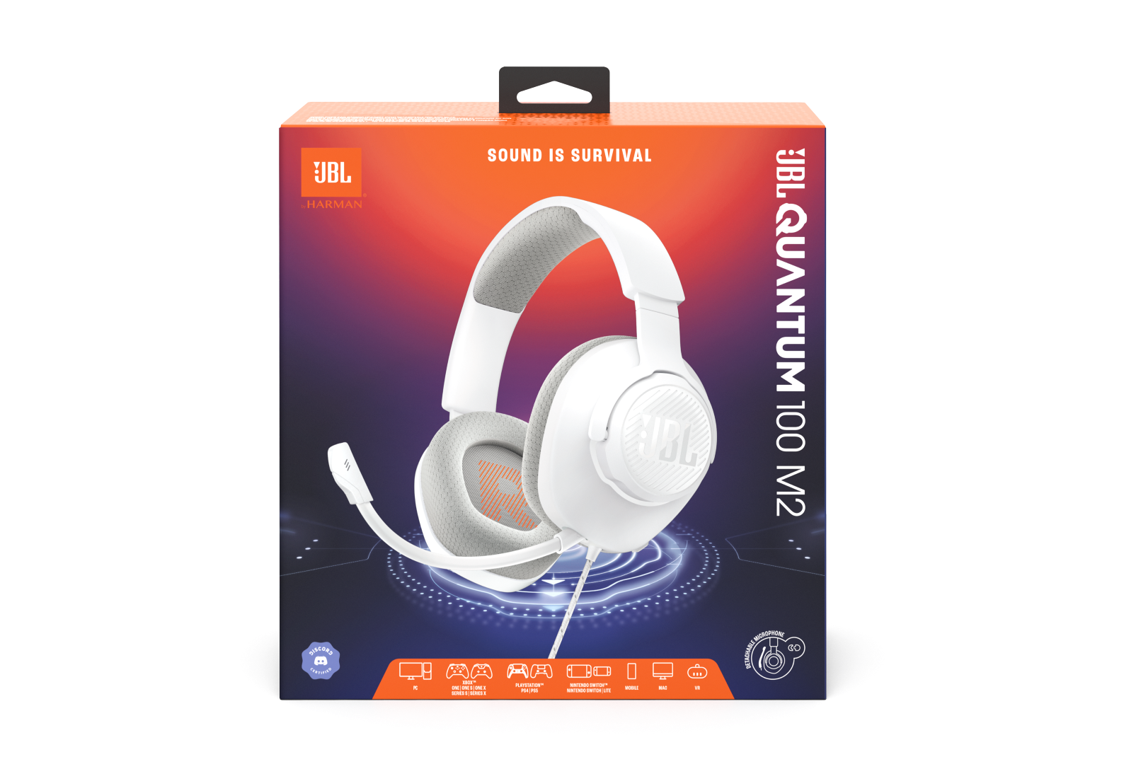 Bir kutuda beyaz JBL Quantum 100 M2 kulaklık.