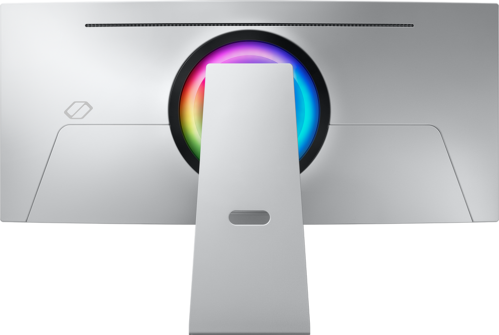 Egy ezüst monitor hátulról, állvánnyal és színes fénnyel.