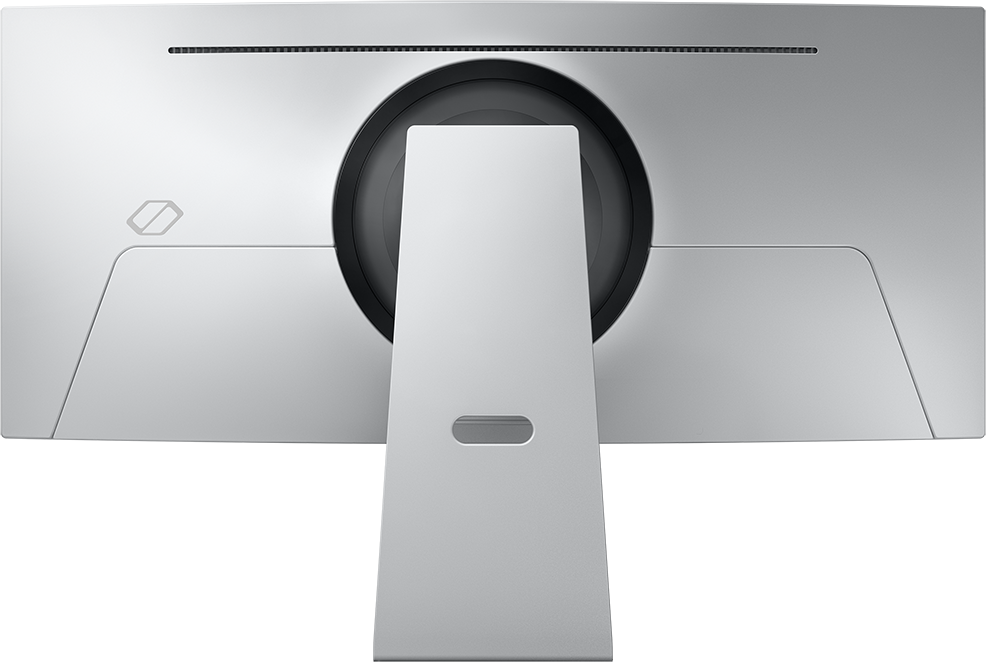 Ezüst számítógép monitor hátulról, állvánnyal. Fekete háttér.