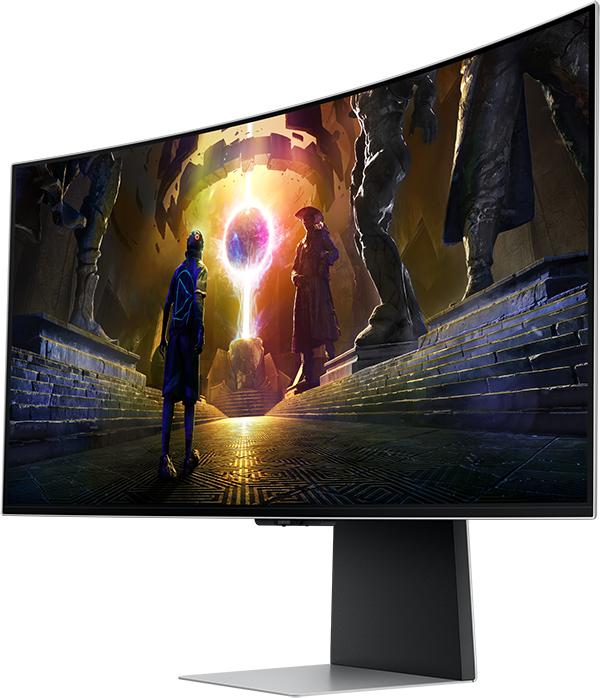 Egy nagy, ívelt monitor színes sci-fi jelenetet jelenít meg.