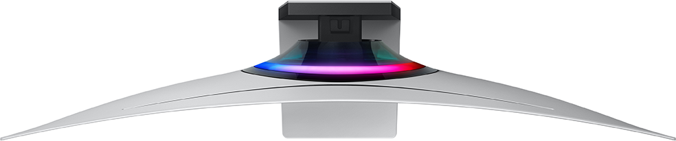 Monitor ívelt képernyővel és színes fényekkel a tetején. Fehér keret és fekete állvány.