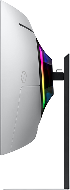 Fehér ívelt monitor oldalsó nézete fekete állvánnyal. Színes fények az oldalon.