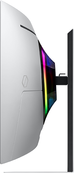 Ívelt fehér számítógép monitor színes lámpákkal.