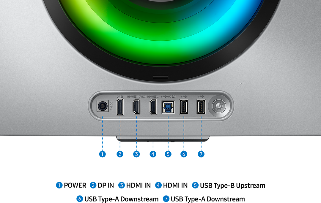 Ezüst monitor, különböző feliratozott portokkal. A portok közé tartozik a DC, HDMI, USB és mások. Fekete háttér.