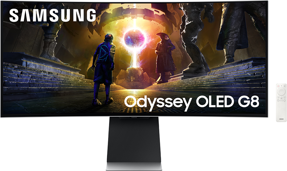 Egy ívelt Samsung Odyssey OLED G8 monitor, amely egy játékjelenetet jelenít meg, távirányítóval.